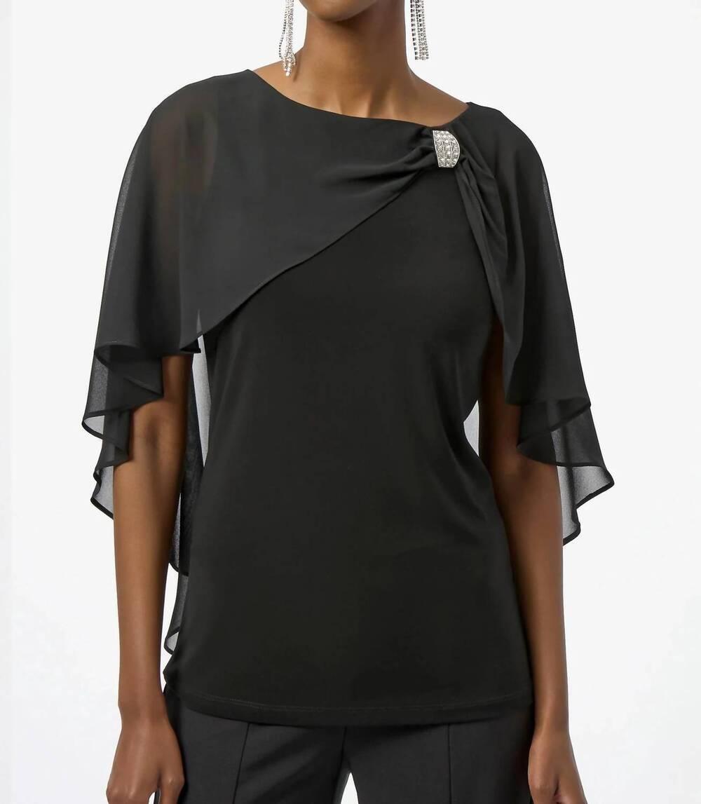 NEW JOSEPH RIBKOFF rhinestone brooch chiffon cape overlay top in black
